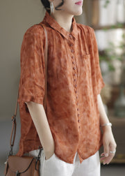 Orange Peter Pan Collar Button Linen Shirt Half Sleeve