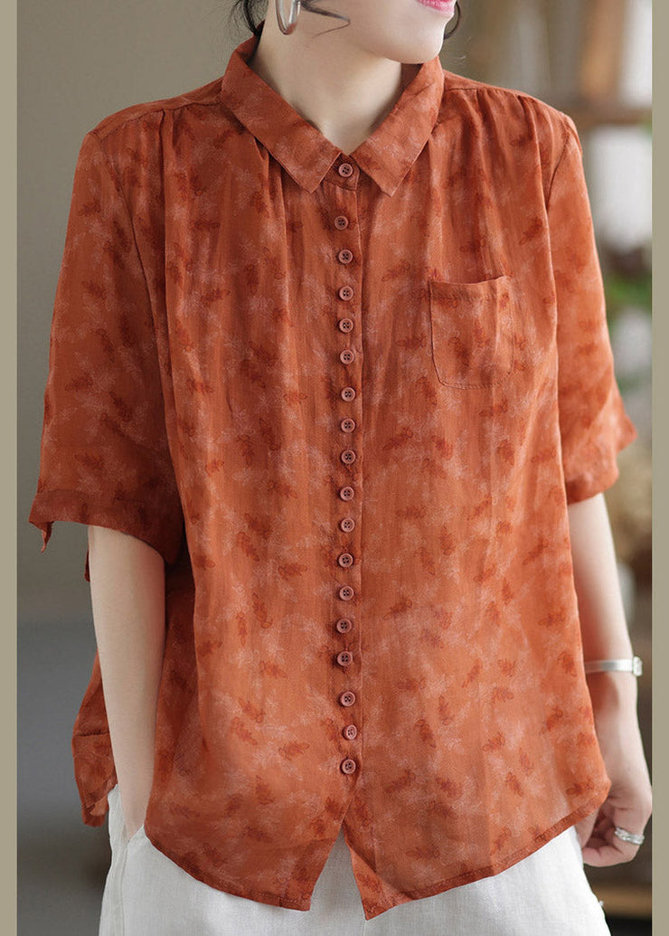 Orange Peter Pan Collar Button Linen Shirt Half Sleeve