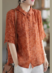 Orange Peter Pan Collar Button Linen Shirt Half Sleeve