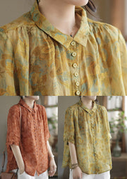 Orange Peter Pan Collar Button Linen Shirt Half Sleeve