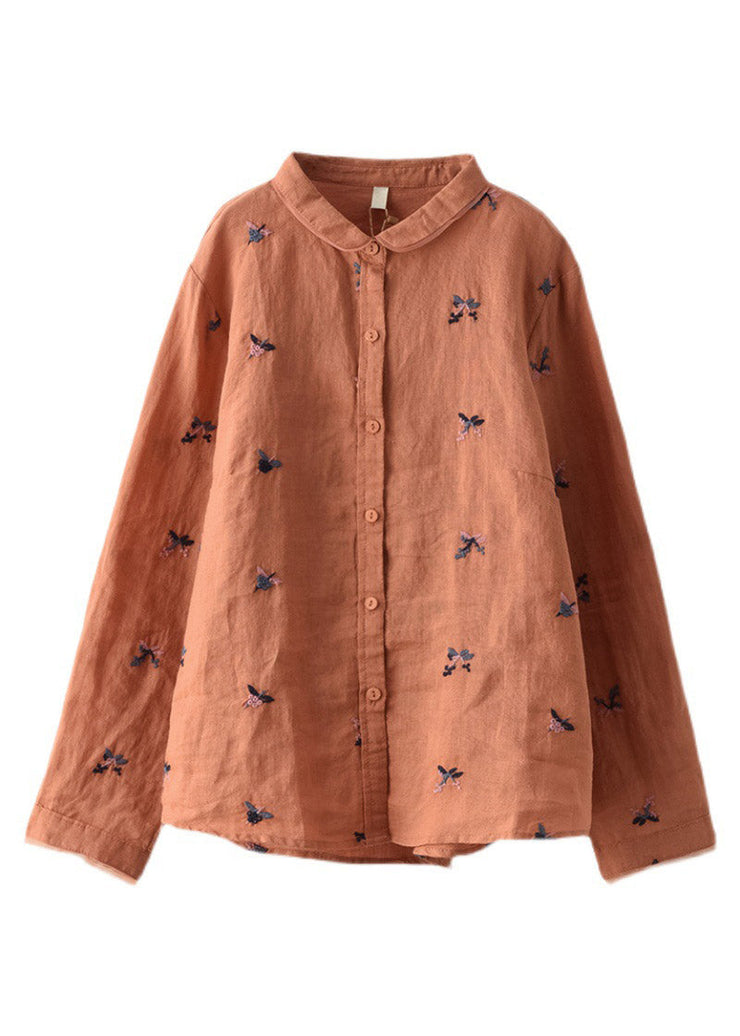 Orange Peter Pan Collar Button Linen Shirts Long Sleeve