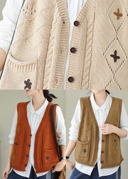 Orange Pockets Knit Vest V Neck Embroideried Fall