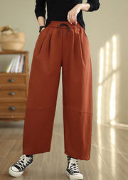 Orange Pockets Loose Cotton Pants Elastic Waist Fall