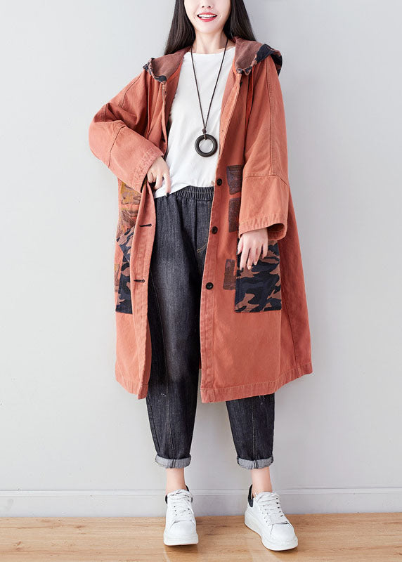 Orange Pockets Patchwork Print Cotton Hoodie Coat Spring