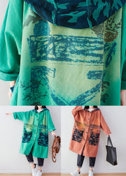 Orange Pockets Patchwork Print Cotton Hoodie Coat Spring