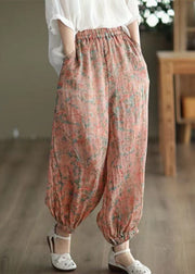 Orange Pockets Print Elastic Waist Cotton Lantern Pants Summer