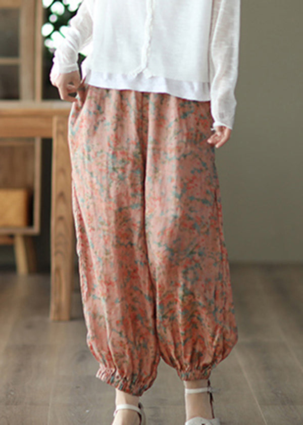 Orange Pockets Print Elastic Waist Cotton Lantern Pants Summer