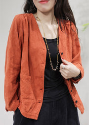 Orange Pockets Solid Cotton Coat Coats V Neck Fall