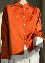 Orange Print Button Silk Shirts Stand Collar Long Sleeve