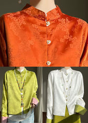 Orange Print Button Silk Shirts Stand Collar Long Sleeve