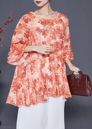 Orange Print Chiffon Blouse Tops Oversized Flare Sleeve