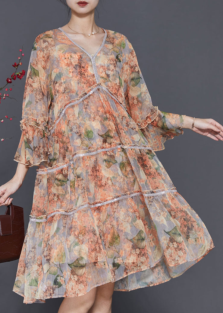 Orange Print Chiffon Party Dress V Neck Flare Sleeve