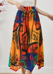 Orange Print Cotton Pleated Skirt Exra Large Hem Summer