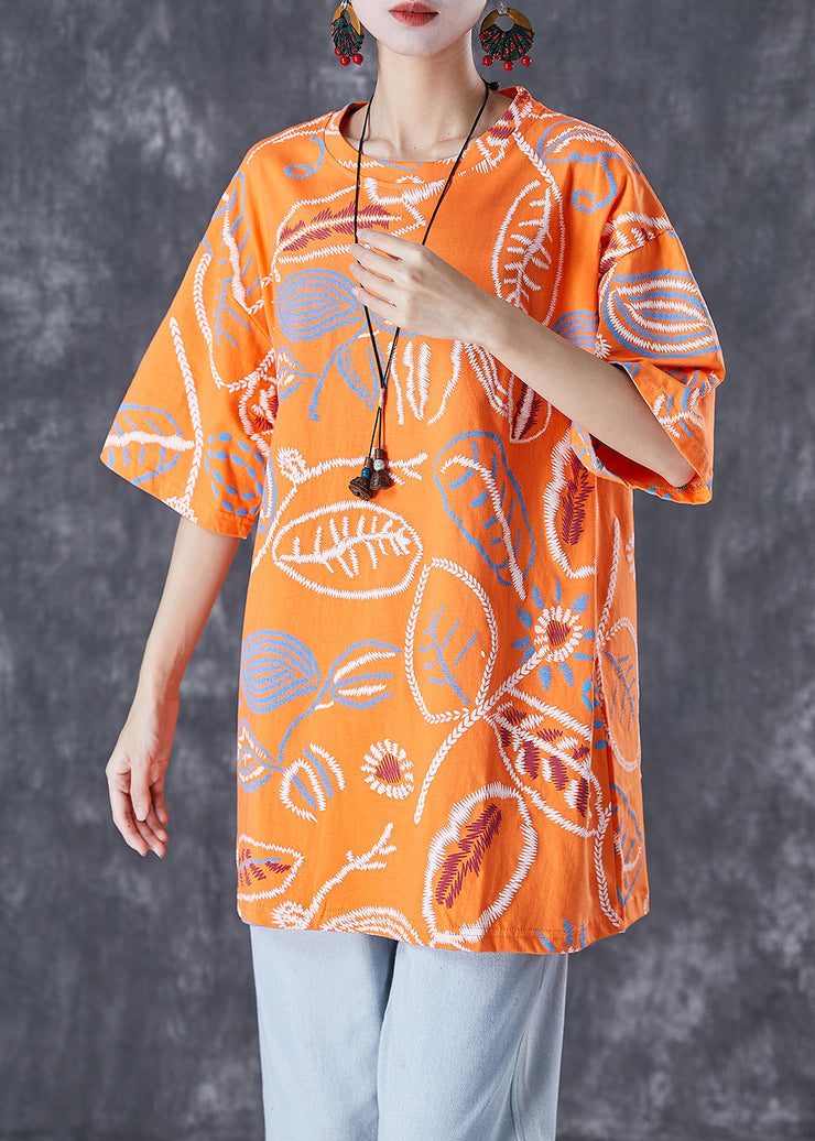 Orange Print Cotton Tank Oversized O-Neck Summer