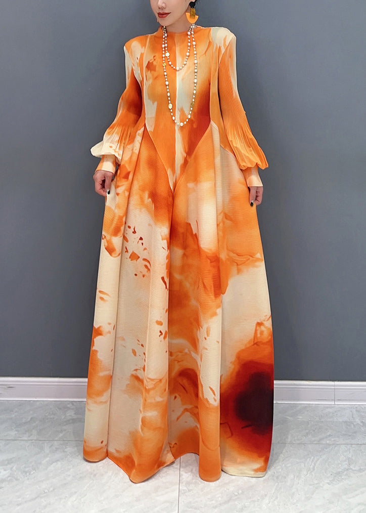 Orange Print Patchwork Chiffon Long Maxi Dress Puff Sleeve