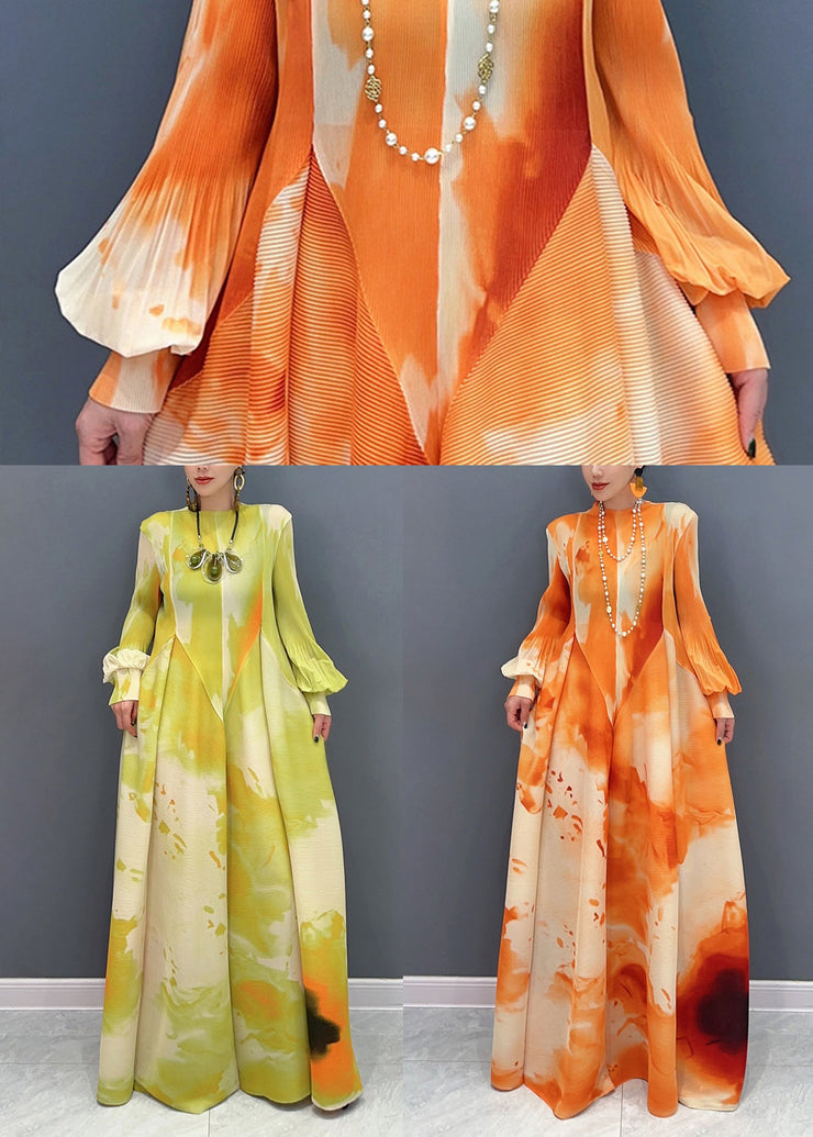 Orange Print Patchwork Chiffon Long Maxi Dress Puff Sleeve