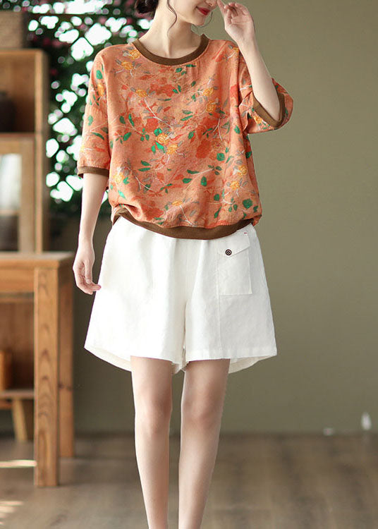 Orange Print Patchwork Linen T Shirt O Neck Short Sleeve