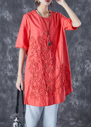 Orange Red Linen Mid Dresses Embroideried Summer