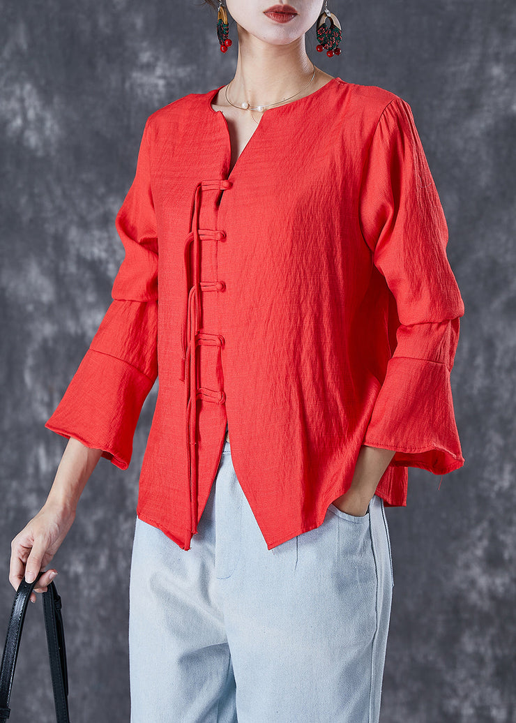 Orange Red Linen Shirt Tasseled Chinese Button Flare Sleeve