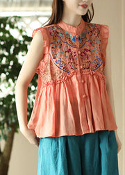 Orange Ruffled Button Ramie Shirt Summer