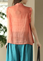 Orange Ruffled Button Ramie Shirt Summer