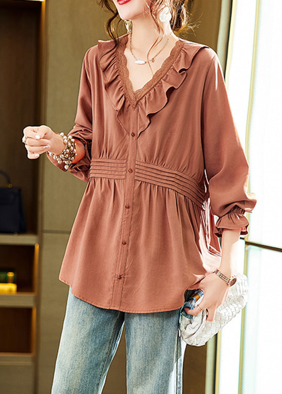 Orange Ruffled Patchwork Wrinkled Shirts Spring