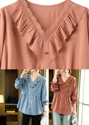 Orange Ruffled Patchwork Wrinkled Shirts Spring