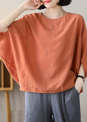 Orange Solid Linen Loose Tank Top O-Neck Batwing Sleeve