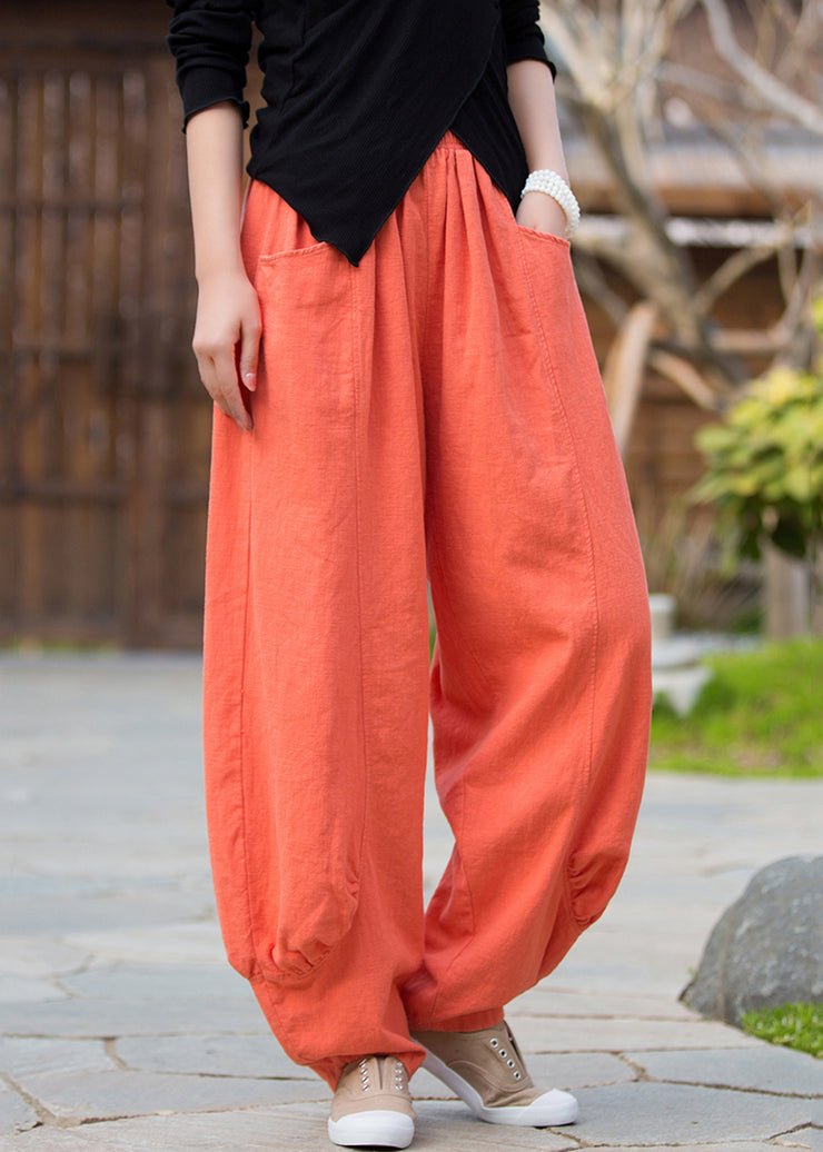 Orange Solid Pockets Linen Pants High Waist