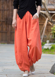 Orange Solid Pockets Linen Pants High Waist