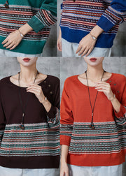 Orange Striped Knitted Tops O-Neck Oversized Spring