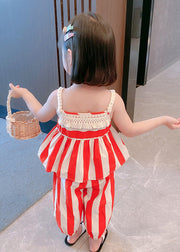 Orange Striped Slash Neck Patchwork Cotton Kids Two Pieces Set Sleeveless