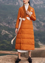 Orange Thick Duck Down Puffers Coat Embroideried V Neck Winter