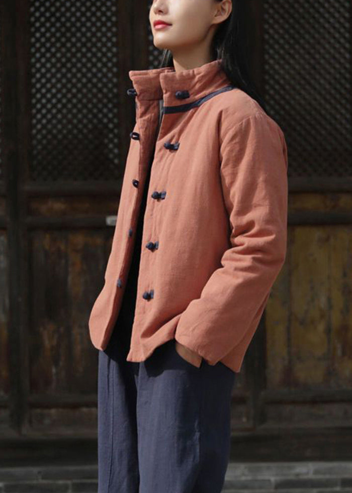 Orange Warm Fine Cotton Filled Coats Chinese Button Winter