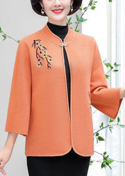 Orange Woolen Cardigans Embroideried Stand Collar Winter