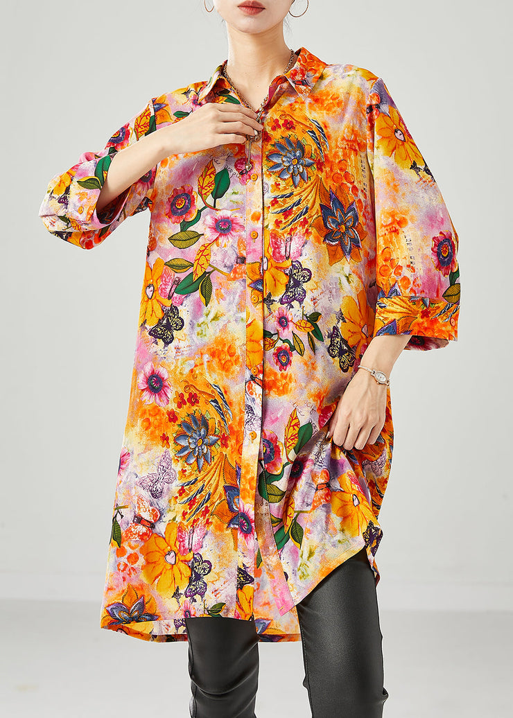 Orange Yellow Floral Chiffon Long Shirt Oversized Bracelet Sleeve