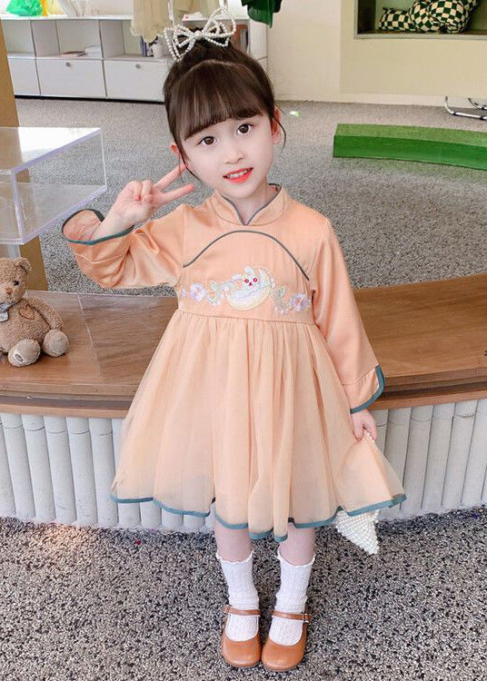 Orange Zippered Tulle Patchwork Cotton Girls Dress Stand Collar Fall