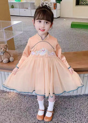 Orange Zippered Tulle Patchwork Cotton Girls Dress Stand Collar Fall