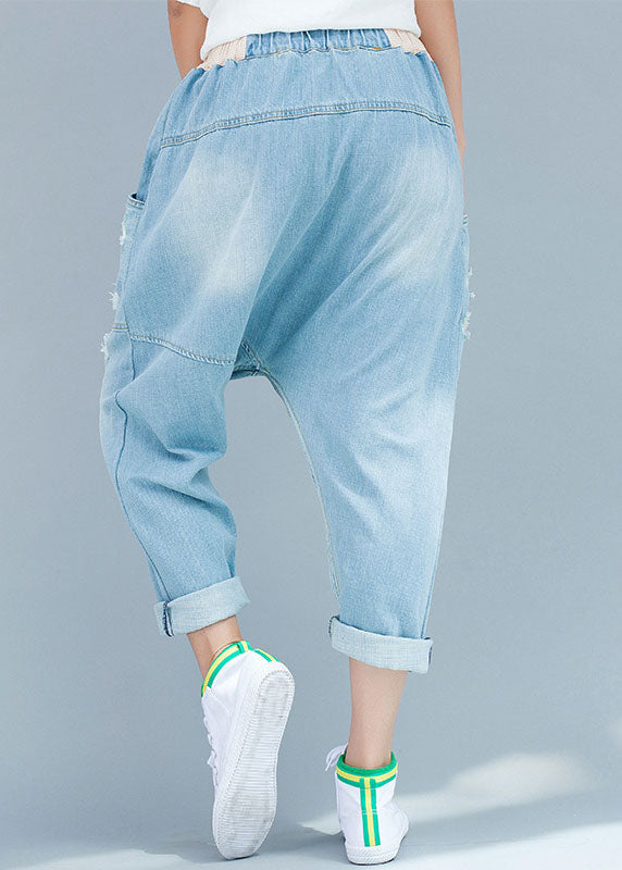 Organic Baby Blue Asymmetrical Design Patchwork Denim Pants Spring