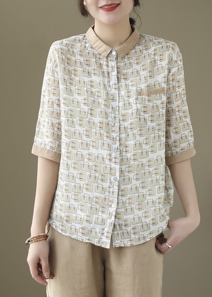 Organic Beige Peter Pan Collar Button Patchwork Linen Top Summer