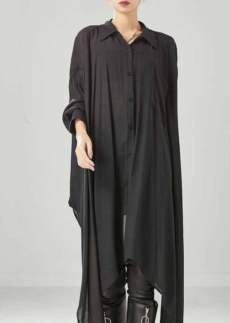 Organic Black Asymmetrical Cotton Loose Blouses Spring