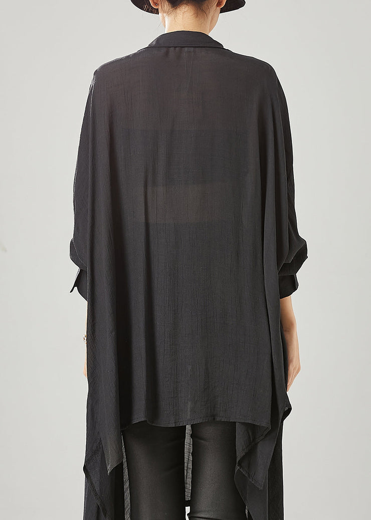 Organic Black Asymmetrical Cotton Loose Blouses Spring