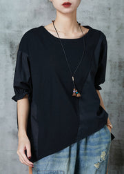 Organic Black Asymmetrical Patchwork Cotton Shirt Half Sleeve