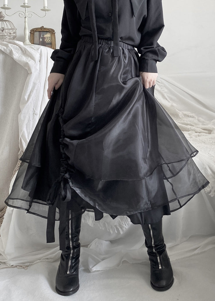 Organic Black Elastic Waist Layered Organza Maxi Skirt