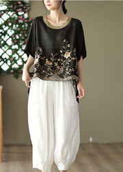 Organic Black Embroidered Low High Design Linen Tanks Short Sleeve