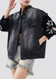 Organic Black Embroideried Patchwork Denim Jackets Spring