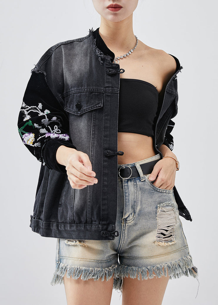 Organic Black Embroideried Patchwork Denim Jackets Spring