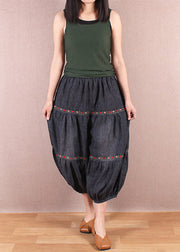 Organic Black Grey Embroidered Patchwork Denim Lantern Trousers Summer