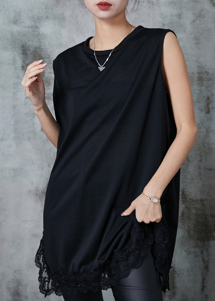 Organic Black Oversized Patchwork Lace Cotton Tanks Summer