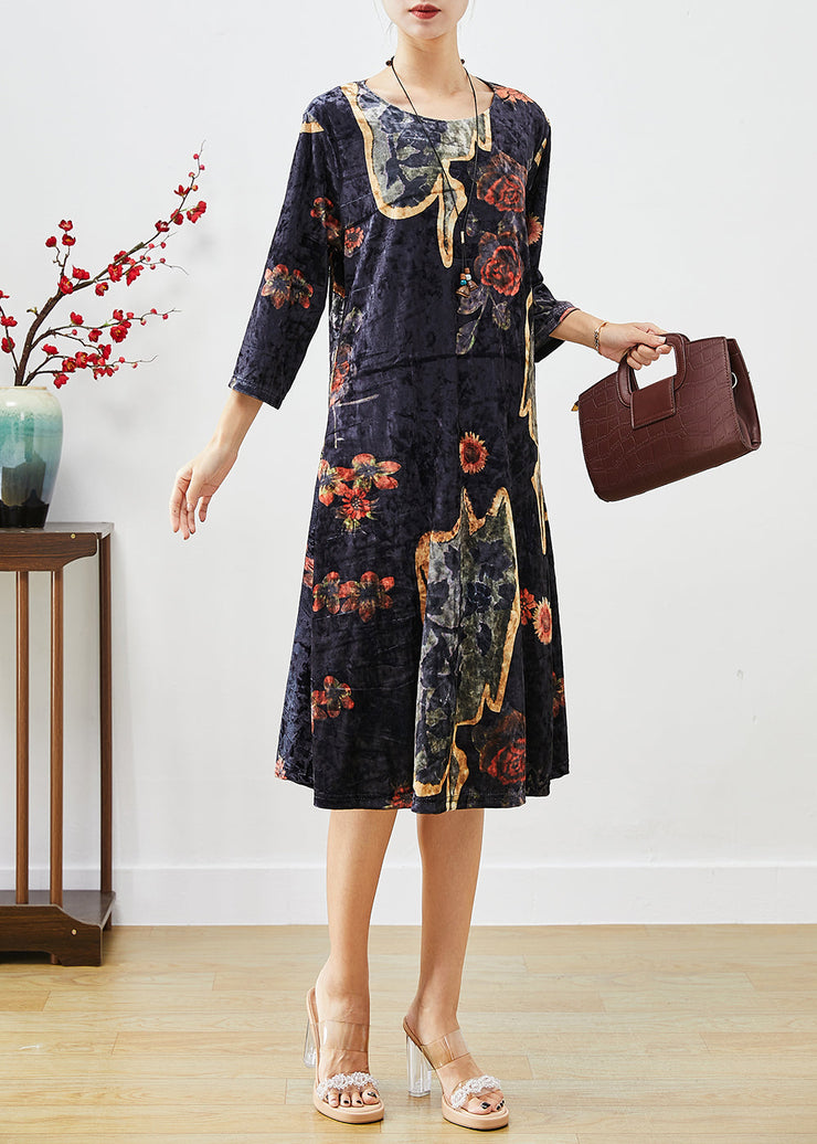 Organic Black Oversized Print Silk Velour Maxi Dresses Fall